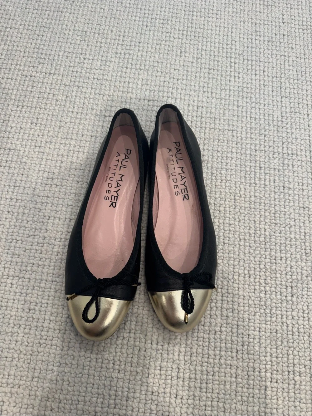 Paul Mayer Black Leather Ballet Flats with Gold Toe